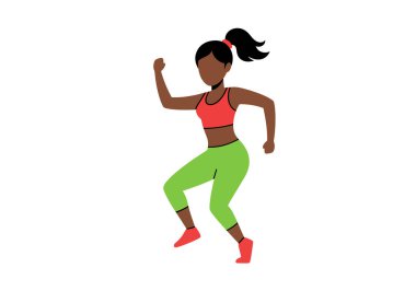 Zumba clipart. Kırmızı bluzlu ve yeşil taytlı bir kadın enerjik bir şekilde dans ediyor. Çizim tasarımı.