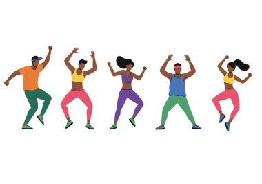 Zumba dans klibi sanatı. Renkli kıyafetlerle dans eden beş kişi. Çizim tasarımı.