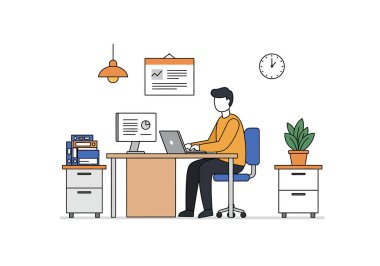 Ofis işi. Bu görüntü, ofis malzemeleri ve mobilyalarla çevrili bir bilgisayar ve dizüstü bilgisayarla çalışan birini gösteriyor. Çizim tasarımı.