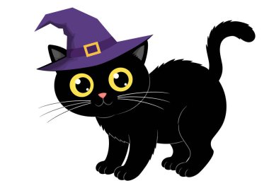 Kara kedi Cadılar Bayramı klibi. Büyük sarı gözlü, siyah bir kedi, tokalı mor bir cadı şapkası takıyor. Çizim tasarımı.