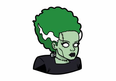 Frankenstein 'ın Gelini. Görüntü yeşil derili bir karakteri gösteriyor. Büyük yeşil saç stili, beyaz çizgiler ve boyun cıvataları var. Çizim tasarımı.