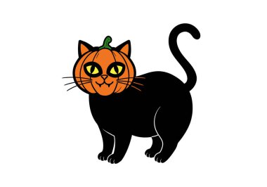 Cadılar Bayramı 'nda kedi tırman. Kabak kafalı, sarı gözlü ve kıvrık kuyruklu siyah bir kedi. Çizim tasarımı.