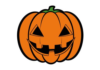 Jack o Lantern 'in tırmanışı. Bu resim, üzerinde üçgen gözler ve geniş dişli bir gülümseme olan turuncu bir balkabağını gösteriyor. Çizim tasarımı.