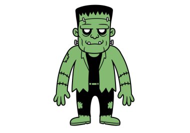 Frankenstein canavar klipsi. Dikişleri, cıvataları ve yırtık elbiseleri olan yeşil çizgi film karakteri. Çizim tasarımı.