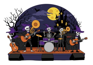 Cadılar Bayramı müzik klibi sanatı. İskelet bandı sahnede enstrüman çalıyor. Ürkütücü bir geçmişi var. Çizim tasarımı.