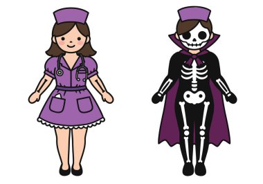 Cadılar Bayramı hemşiresi Clipart. İki karakter: mor üniformalı bir hemşire ve mor pelerinli siyah kostümlü bir hemşire. Çizim tasarımı.