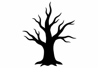 Cadılar Bayramı ağaç klipsi sanatı. Bu resim, dalları bükülmüş yapraksız bir ağacın siluetini gösteriyor. Ürkütücü ve ürkütücü bir etki yaratıyor. Çizim tasarımı.