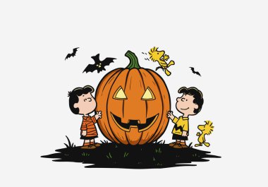 Bu Büyük Balkabağı Charlie Brown tırmanışı. İki çocuk, etrafında yarasalar uçuşan oyulmuş bir balkabağının ve onlarla etkileşen küçük bir kuşun yanında duruyor. Çizim tasarımı.