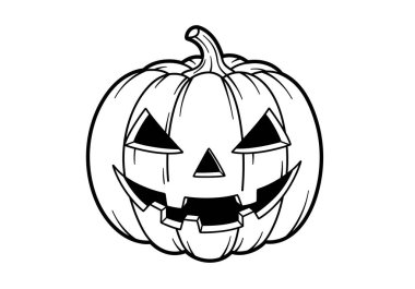 Jack-o-fener hattı sanatı. Bu resim, üçgen gözlü, üçgen burunlu ve sivri ağızlı oyulmuş bir balkabağı gösteriyor. Çizim tasarımı.
