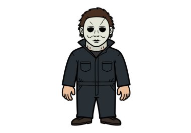 Michael Myers tırmanıyor. Görüntü Michael Myers 'ı koyu renk bir tulum, kahverengi ayakkabılar ve maskesiyle gösteriyor. Ürkütücü bir hava yaratıyor. Çizim tasarımı.