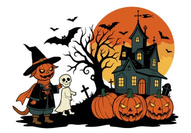 Retro Halloween klip sanatı. Balkabağı kafalı bir cadı ve bir hayalet etrafta yarasalar uçuşan perili bir evin yanında duruyorlar. Çizim tasarımı.