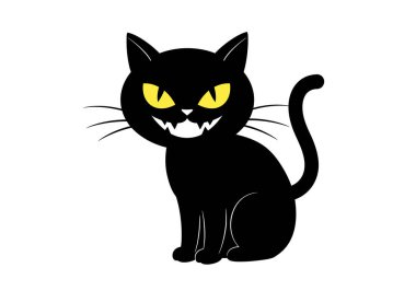 Korkutucu kedi klipsi sanatı. Bu görüntü keskin dişleri olan, arkası kıvrımlı, parlak sarı gözlü, tehditkar bir aura yaratan siyah bir kediyi gösteriyor. Çizim tasarımı.