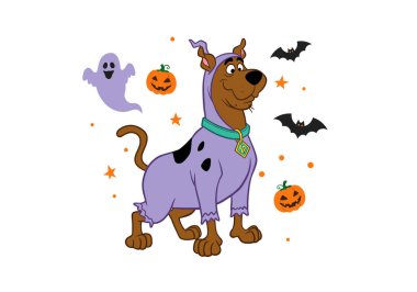 Scooby-Doo Cadılar Bayramı klubü. Scooby-Doo mor bir kostüm giyip Cadılar Bayramı elementleriyle çevrili. Hayaletler, balkabakları ve yarasalar gibi. Çizim tasarımı.