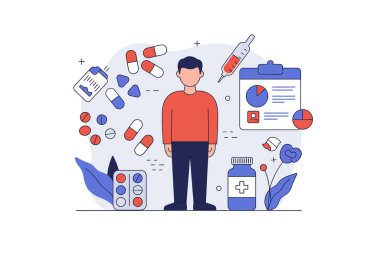 Klinik deneme klibi sanatı. Bu resim, ilaç, şırınga ve tıbbi çizelgeler gibi çeşitli tıbbi unsurlarla çevrili bir kişiyi gösteriyor. Çizim tasarımı.
