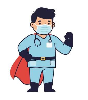 Sağlık hizmetleri kahramanları toplanıyor. Bu resim mavi üniformalı, eldivenli, steteskoplu ve kırmızı pelerinli bir karikatür doktorunu gösteriyor. Çizim tasarımı.