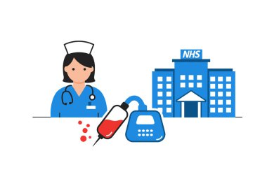 NHS klip sanatı. Bu görüntü bir hemşireyi, bir hastane binasını ve sağlık hizmetlerini temsil eden tıbbi ekipmanları gösteriyor. Çizim tasarımı.