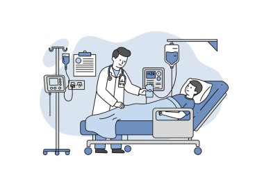 Hasta bakımı klipsi sanatı. Bu görüntü, hastane yatağında bir hastayla ilgilenen bir doktoru gösteriyor. Etrafta tıbbi ekipmanlar var. Çizim tasarımı.