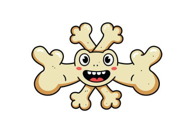Güçlü kemikler kopar. Bu resim, gülen bir yüzü ve kaslı kolları olan, gücü ve sağlığı vurgulayan bir karikatür kemiği gösteriyor. Çizim tasarımı.