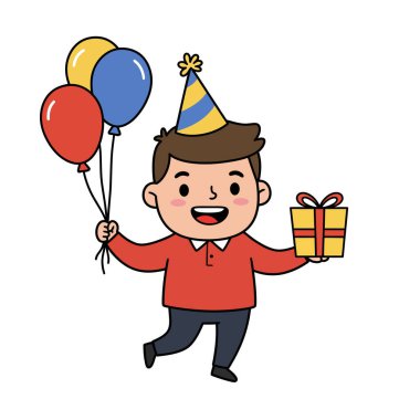 Erkek doğum günü klibi sanatı. Elinde balon ve hediye tutan, parti şapkası takan ve gülümseyen bir çocuk. Çizim tasarımı.