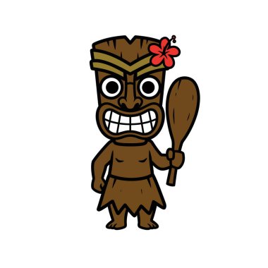 Tiki erkek tırmanışı. Geleneksel kabile kıyafeti giyen ve tahta sopa tutan bir çizgi film karakteri. Çizim tasarımı.