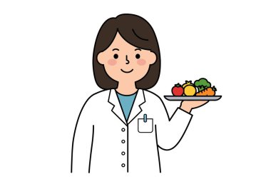 Diyetisyen Clipart. Bu görüntü, sağlıklı beslenme ve beslenmeyi sembolize eden bir tabak meyve ve sebzeyi besleyen bir beslenme uzmanını gösteriyor. Çizim tasarımı.