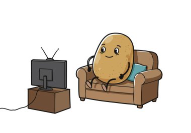 Kanepe patates klipsi sanatı. Bu görüntü, televizyon izlerken kanepede dinlenen ve mizahi ve samimi öğeler sunan patates karakterini gösteriyor. Çizim tasarımı.