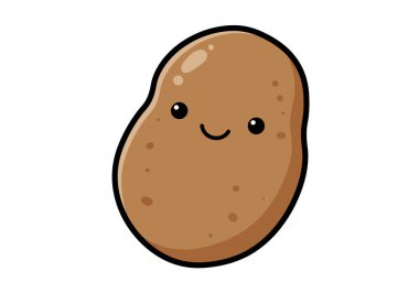 Tatlı patates klipsi. Bu resim sevimli gülümseyen bir yüzü ve siyah gözleri olan kahverengi bir patatesi gösteriyor. Sevimli ve dost canlısı görünümünü vurguluyor. Çizim tasarımı.