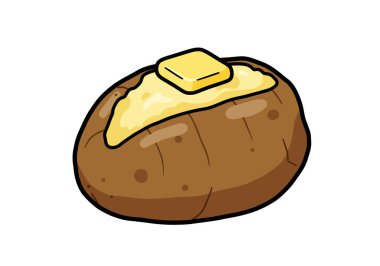 Ceket, patates klipsi. Bu resim, bir tutam erimiş tereyağlı fırında patates ve bir tutam tereyağı üzerine kremalı ve sağlıklı dokusunu vurgulayan tereyağını gösteriyor. Çizim tasarımı.