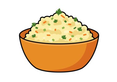 Patates salatası klipsi sanatı. Bu resimde bir kase patates salatası, görünür havuç, yeşil soğan ve maydanoz var. Çizim tasarımı.
