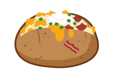 Fırında patates klipsi sanatı. Bu resim peynirli, ekşi kremalı, pastırmalı ve soğanlı fırında patates gösteriyor. Çizim tasarımı.