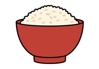 Rice Clipart. Beyaz pirinç taneleriyle dolu kırmızı bir kase. Çizim tasarımı.