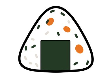 Onigiri Clipart. Bu görüntü, deniz yosunu ve renkli serpilmiş üçgen pirinç topunu gösteriyor. Çizim tasarımı.