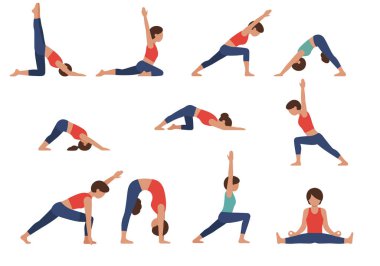 Klip sanatı yoga pozları. Bu resim, denge, duruş ve esnekliği vurgulayarak bir kişi tarafından gerçekleştirilen çeşitli yoga pozlarını gösterir. Çizim tasarımı.