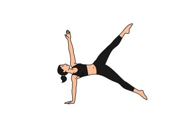 Pilates klibi. Bir insan tek kolu ve tek bacağı havada, denge ve güç gösterisi yapan bir yan tahtayı kullanıyor. Çizim tasarımı.