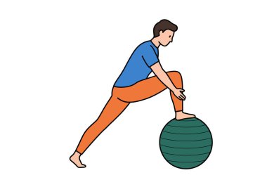 Yoga topu klipsi. Bu görüntü, bir bacağını yoga topunda dengede tutan birini diğer bacağını geriye doğru uzatan birini gösteriyor. Çizim tasarımı.