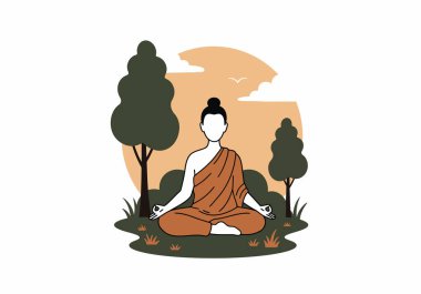 Yoga meditasyonu kolay bir iş. Ağaçlarla ve günbatımı geçmişiyle meditasyon yapan bir insan. Çizim tasarımı.