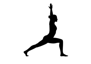 Yoga silueti klipsi. Bir insan yoga pozunda, bir bacağı açık ve kolları havada. Çizim tasarımı.