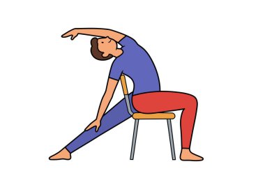 Sandalye yoga klipsi sanatı. Bir kişi sandalyede otururken bir bacağını ve kolunu uzatarak yan esneme hareketi yapıyor. Çizim tasarımı.