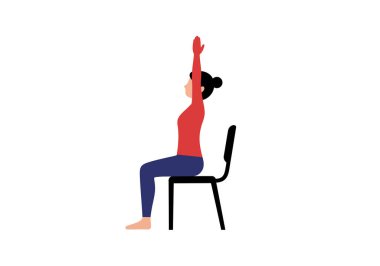 Clipart sandalye yogası. Bir kadın, kollarını yukarı kaldırmış yoga pozuyla bir sandalyede oturuyor. Çizim tasarımı.