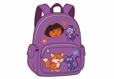 Dora sırt çantası klipsi. Dora, bir maymun, bir tilki ve renkli kedi çizimlerinin yer aldığı mor bir sırt çantası. Resim sanat tasarımı.