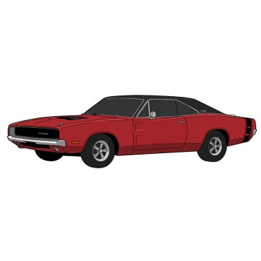 Dodge Charger klipsi. Siyah çatılı, gösterişli, gücü ve hızı temsil eden kırmızı klasik bir kaslı araba. Resim sanat tasarımı.