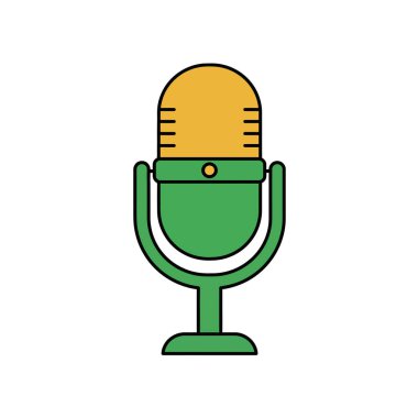Podcast mikrofon klibi. Bu resim sarı kapaklı ve yeşil tabanlı stilize bir mikrofon gösteriyor. Resim sanat tasarımı.