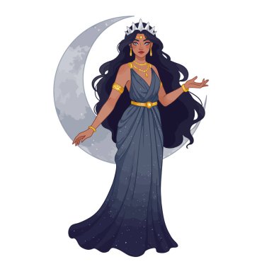 Ay Tanrıçası Clipart. Bu resimde yıldızlı elbisesi ve tacı olan göksel bir tanrıça var. Hilal bir ayın önünde zarif bir şekilde duruyor. Resim sanat tasarımı.