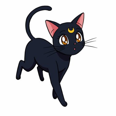 Ay Savaşçısı Kedi Clipart. Büyük kahverengi gözleri, pembe kulakları ve alnında altın bir hilal olan siyah bir kedi. Resim sanat tasarımı.