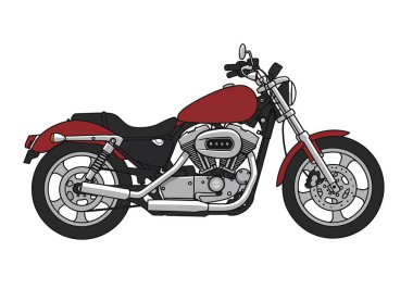Sanat eseri Harley Davidson. Kırmızı ve siyah bir Harley-Davidson motosikleti. İçinde krom detaylar var. Motoru, tekerlekleri, gidonu ve şık tasarımı var. Resim sanat tasarımı.