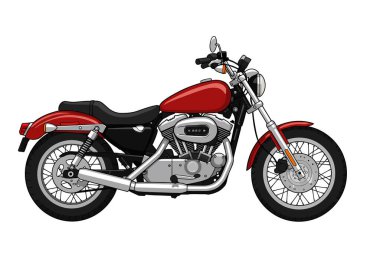 Harley Davidson motosikletine tırman. Krom detaylı kırmızı ve siyah motosiklet klasik kruvazör tasarımı içeriyor. Resim sanat tasarımı.