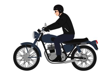 Clip sanatının motosiklet sürücüsü. Motosiklet süren, kask ve ceket de dahil koruyucu giysiler giyen, güvenlik ve tarz odaklı bir kişi. Resim sanat tasarımı.