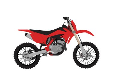 Çamur bisikleti klibi. Kırmızı ve siyah arazi motosikletinde tekerlek, gidon, egzoz ve off-road maceraları için süspansiyon gibi detaylı parçalar var. Resim sanat tasarımı.