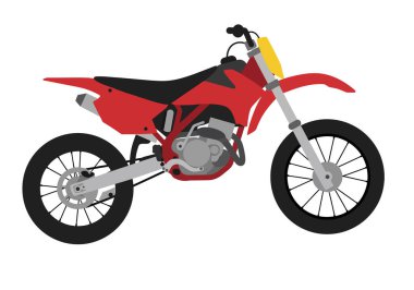 Çamur bisikleti çok kolay. Siyah ve gri aksanlı kırmızı bir motosiklet. Tekerlekler, gidonlar, motor ve off-road için sağlam tasarım unsurları sergiliyor. Resim sanat tasarımı.
