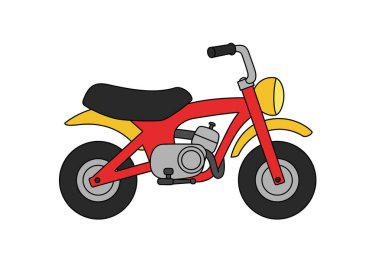 Mini bisiklet klipsi sanatı. Bu resim kırmızı çerçeveli, siyah koltuklu ve sarı çamurluklu renkli bir mini bisikleti gösteriyor. Resim sanat tasarımı.